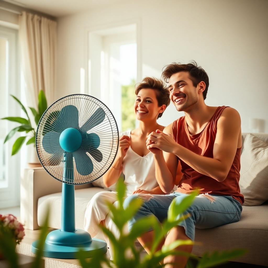 Famille se rafraîchissant avec un ventilateur