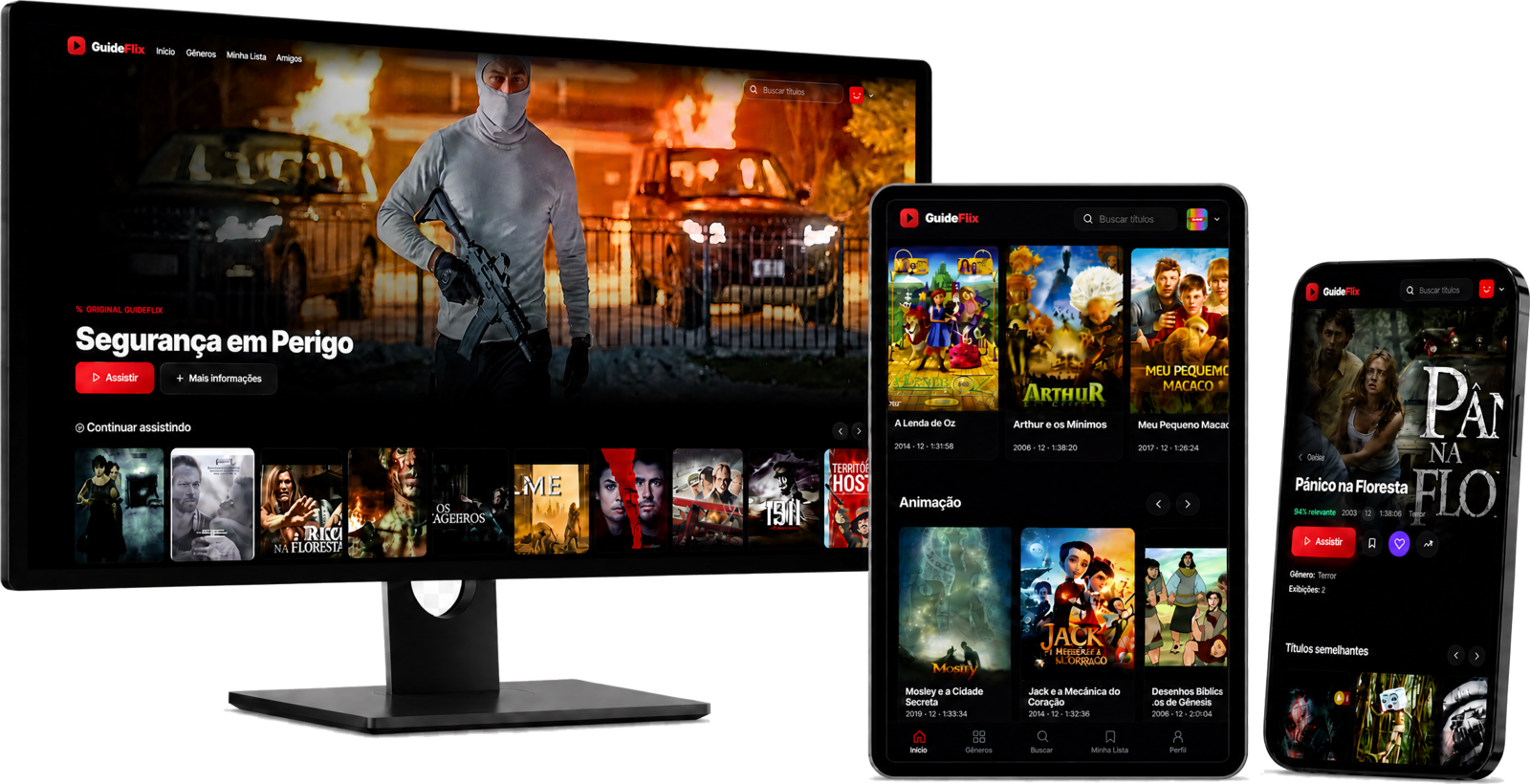 GuideFlix aberto no computador, no tablet e no celular
